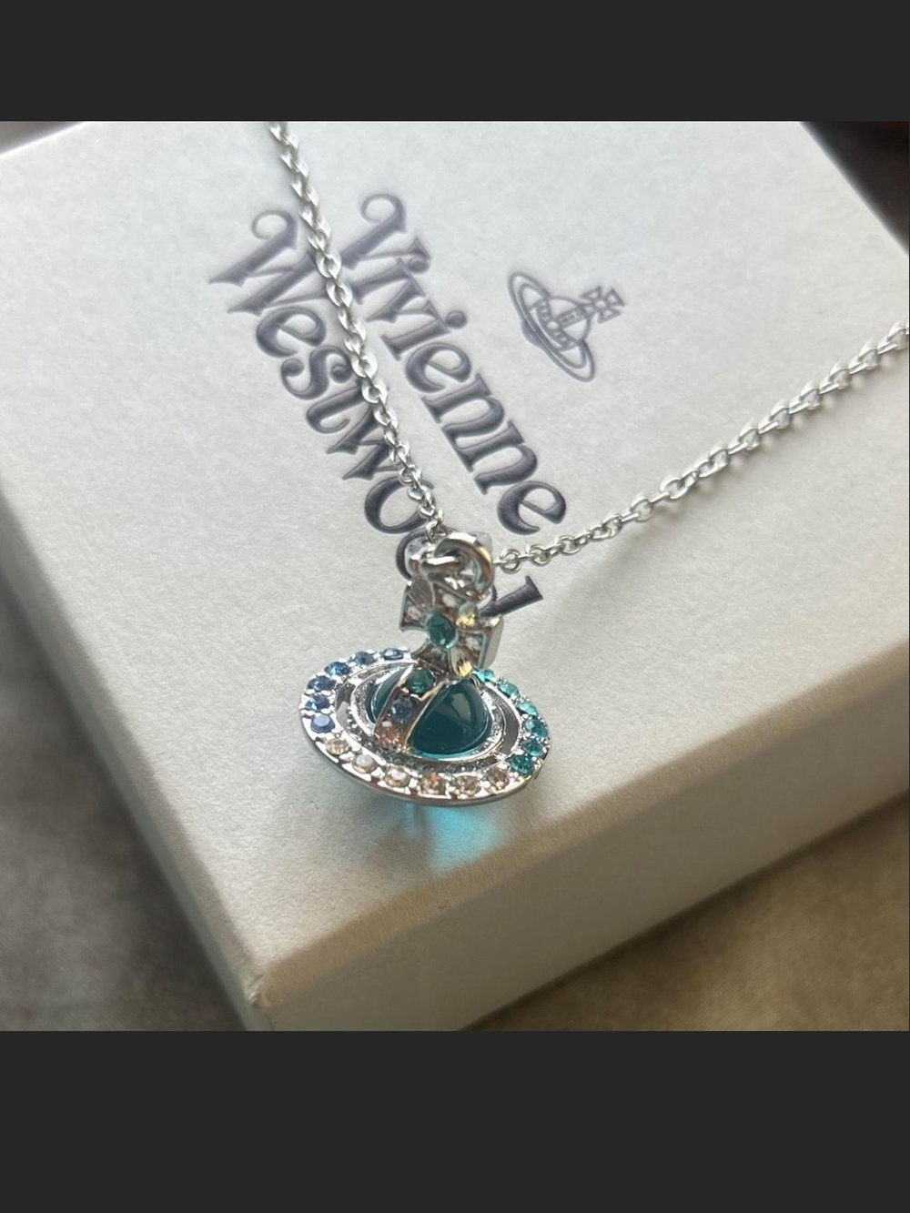 Vivienne Westwood Silver Orb Pendant Necklace with Teal Crystals